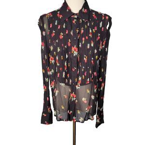Hill House Blouse M The Mellie Top Black Ikat Georgette Pinktuck Tuxedo Sheer